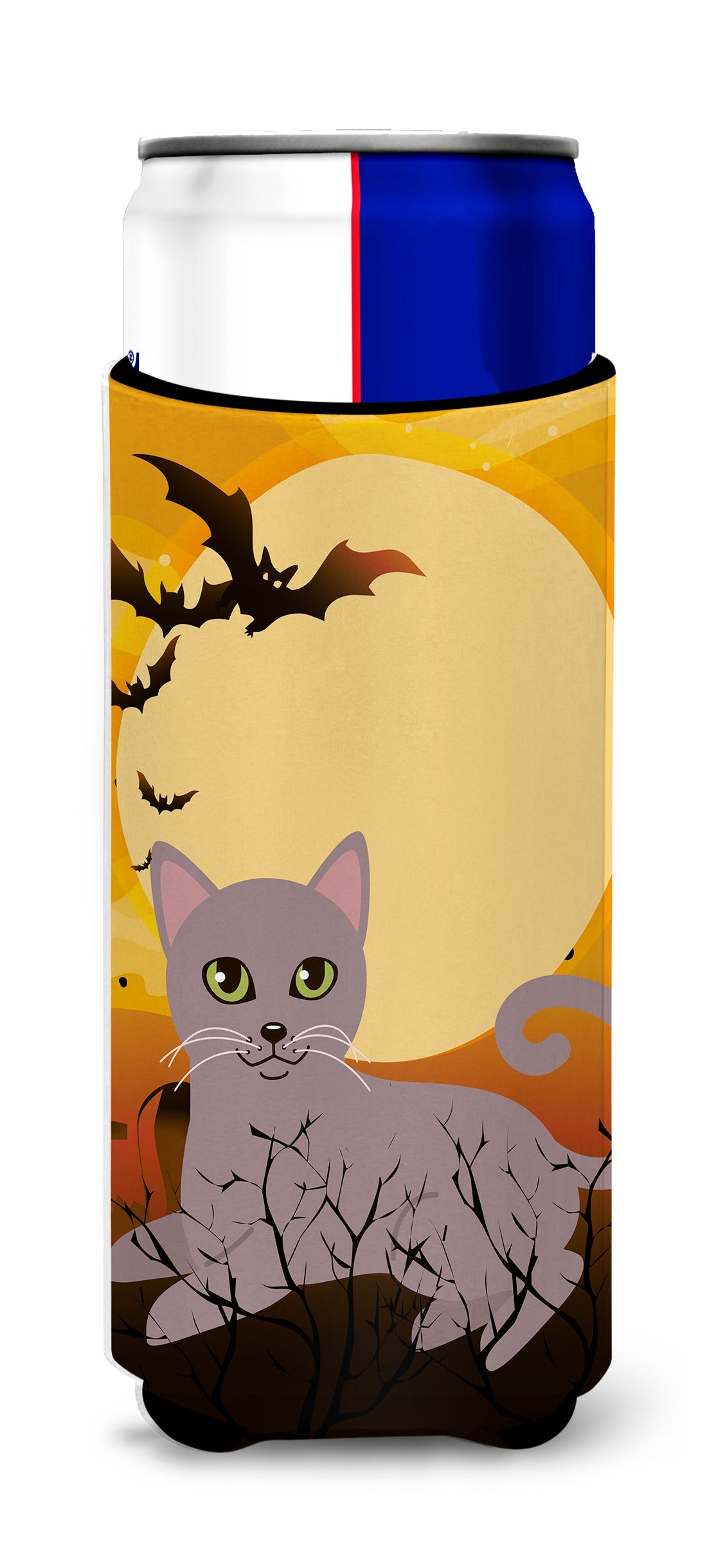Halloween Russian Blue Cat Slim Can Hugger , Insulated Foam Hugger for 12 oz Slim Cans, Beer Bottles & Water Bottles, Printed in USA