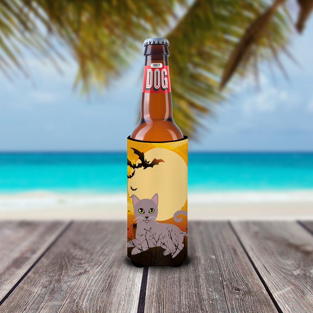 Halloween Russian Blue Cat Slim Can Hugger , Insulated Foam Hugger for 12 oz Slim Cans, Beer Bottles & Water Bottles, Printed in USA