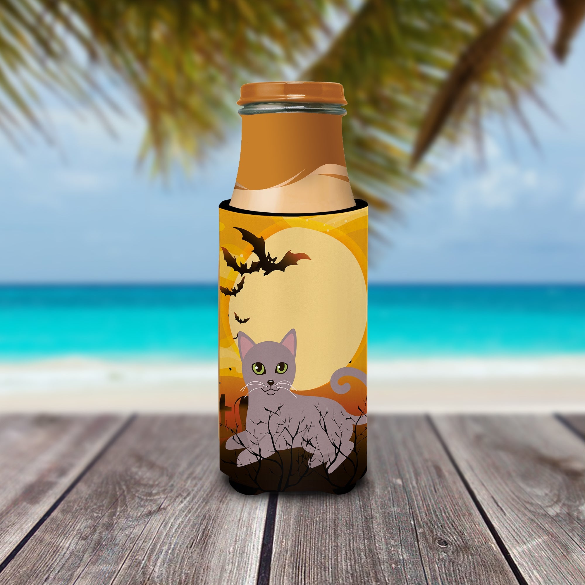 Halloween Russian Blue Cat Slim Can Hugger , Insulated Foam Hugger for 12 oz Slim Cans, Beer Bottles & Water Bottles, Printed in USA