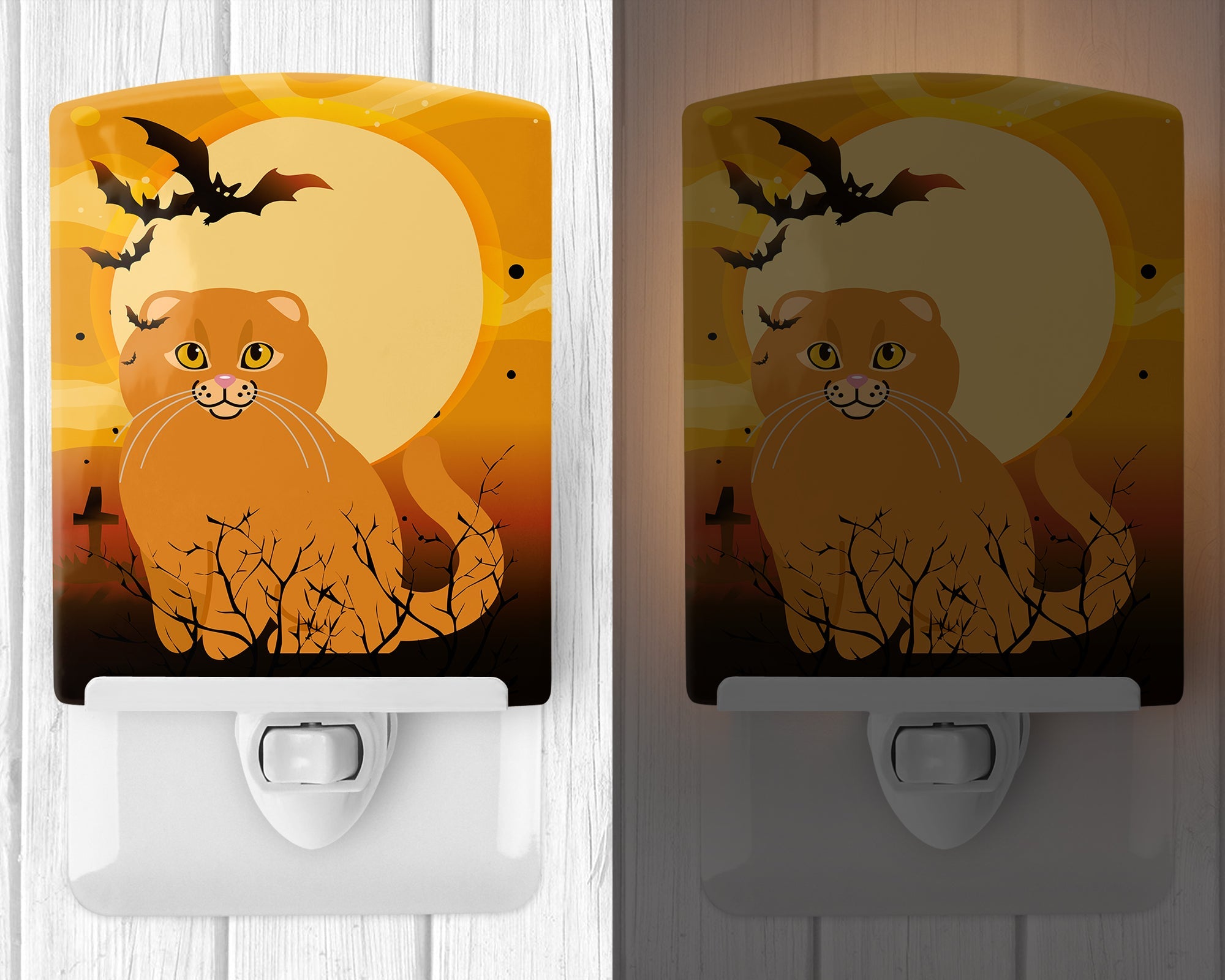 Halloween Scottish Fold Cat Ceramic Night Light Compact, UL-Certified, Ideal for Bedroom, Bathroom, Nursery, Hallway, Kitchen, 6x4x3, Multicolor