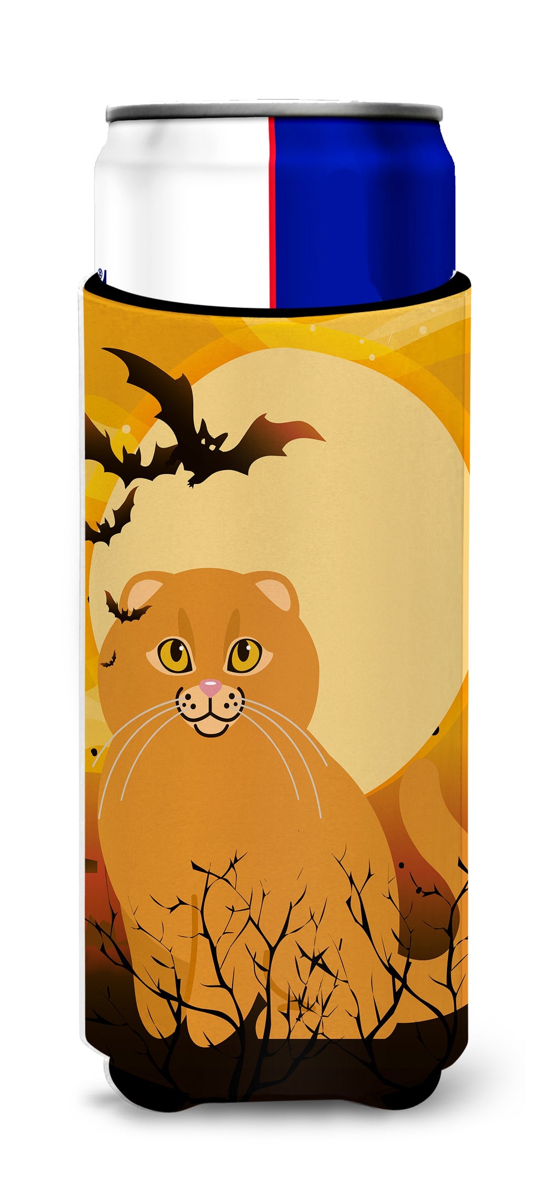 Halloween Scottish Fold Cat Slim Can Hugger , Insulated Foam Hugger for 12 oz Slim Cans, Beer Bottles & Water Bottles, Printed in USA