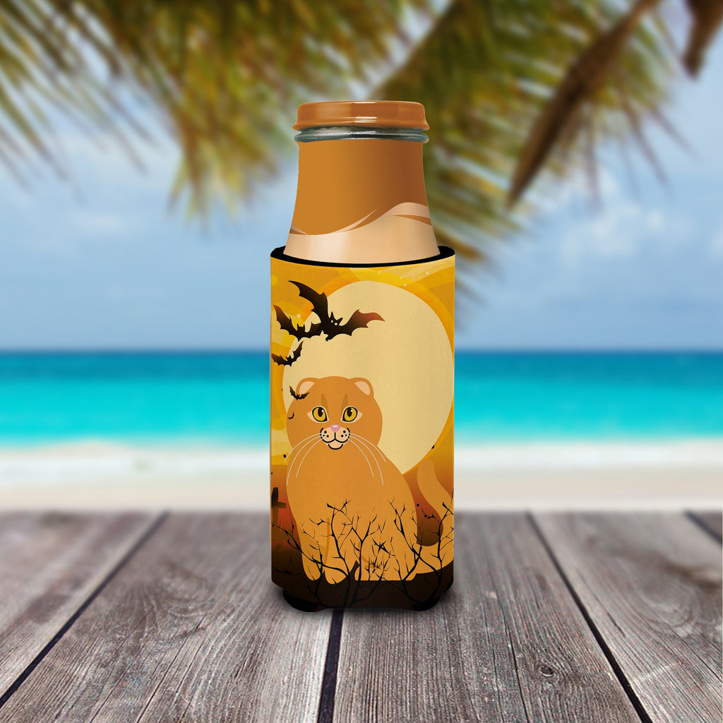 Halloween Scottish Fold Cat Slim Can Hugger , Insulated Foam Hugger for 12 oz Slim Cans, Beer Bottles & Water Bottles, Printed in USA
