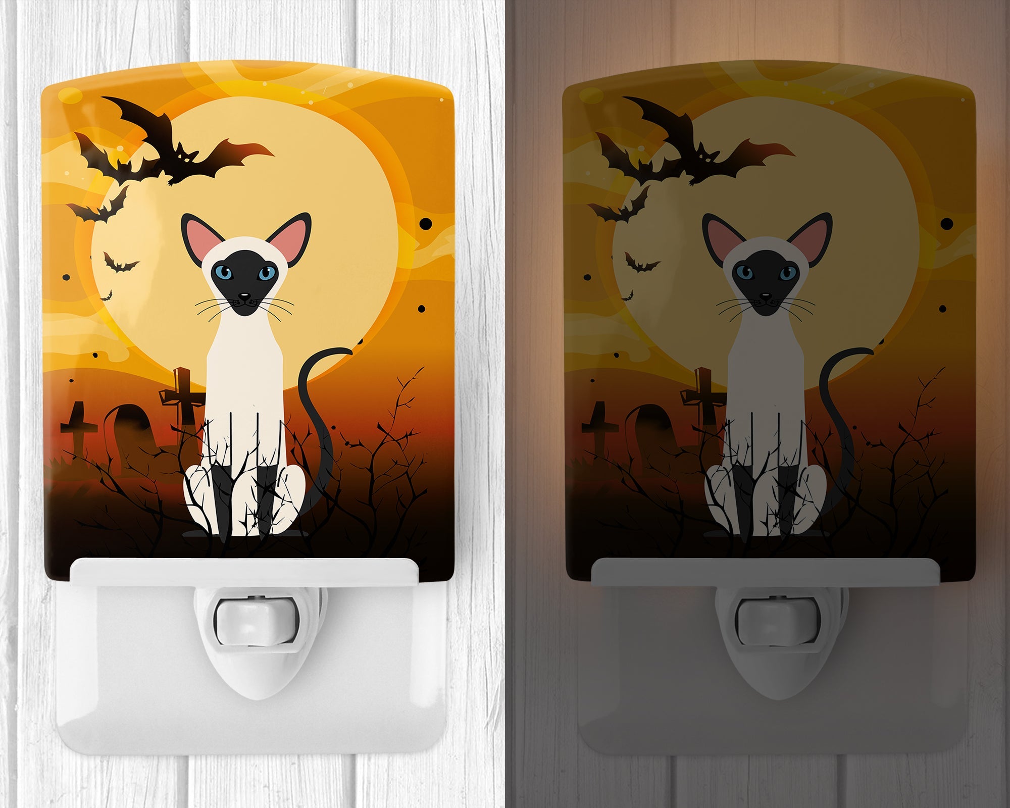 Halloween Siamese Cat Ceramic Night Light Compact, UL-Certified, Ideal for Bedroom, Bathroom, Nursery, Hallway, Kitchen, 6x4x3, Multicolor