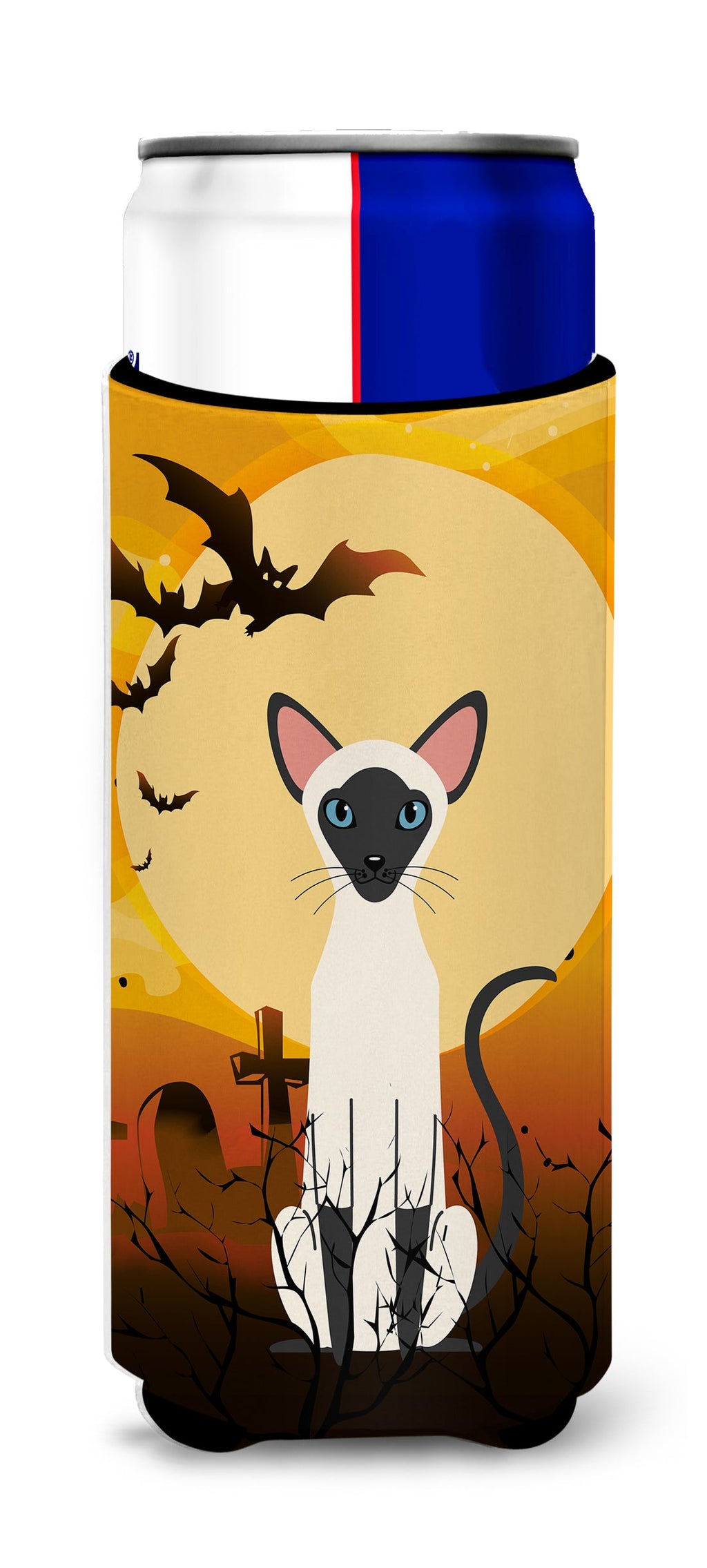 Halloween Siamese Cat Slim Can Hugger , Insulated Foam Hugger for 12 oz Slim Cans, Beer Bottles & Water Bottles, Printed in USA