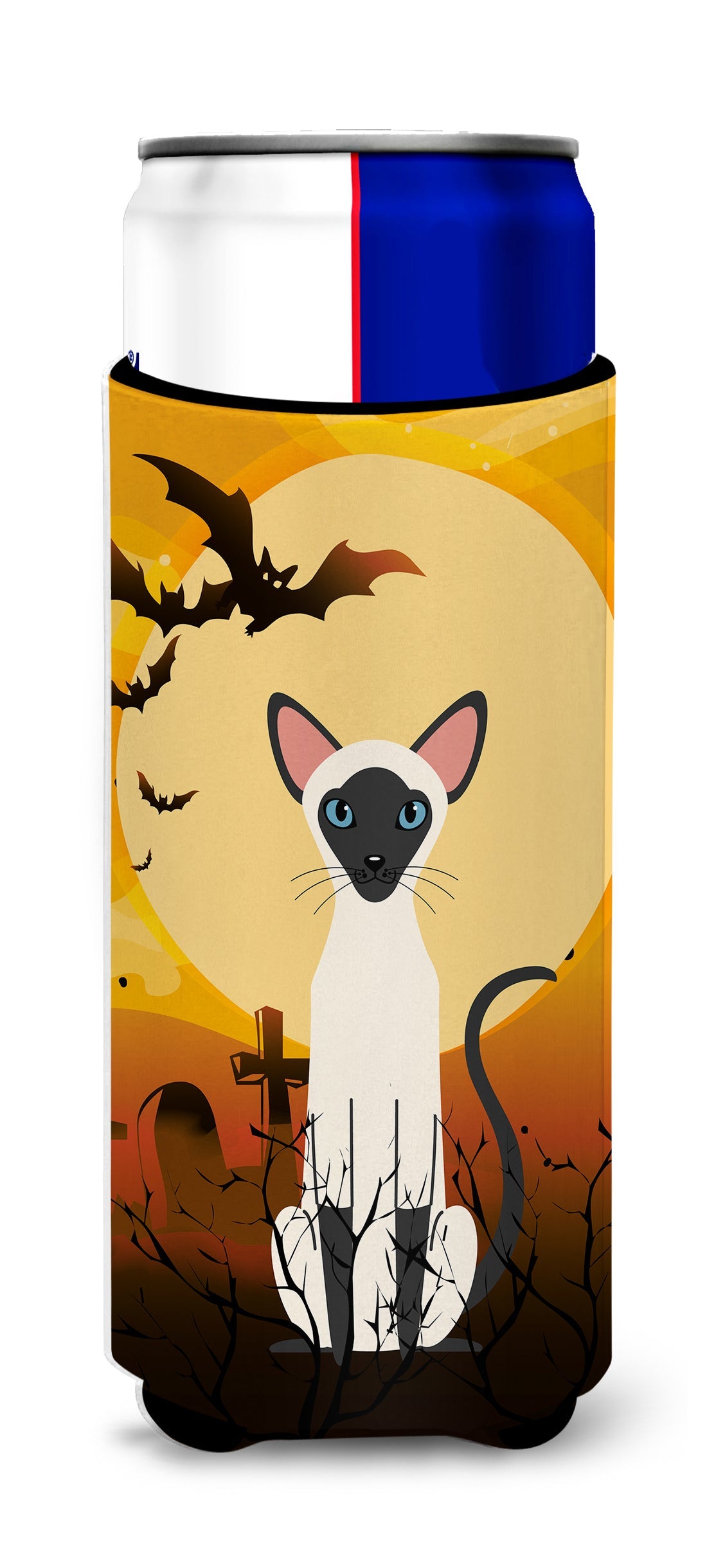 Halloween Siamese Cat Slim Can Hugger , Insulated Foam Hugger for 12 oz Slim Cans, Beer Bottles & Water Bottles, Printed in USA