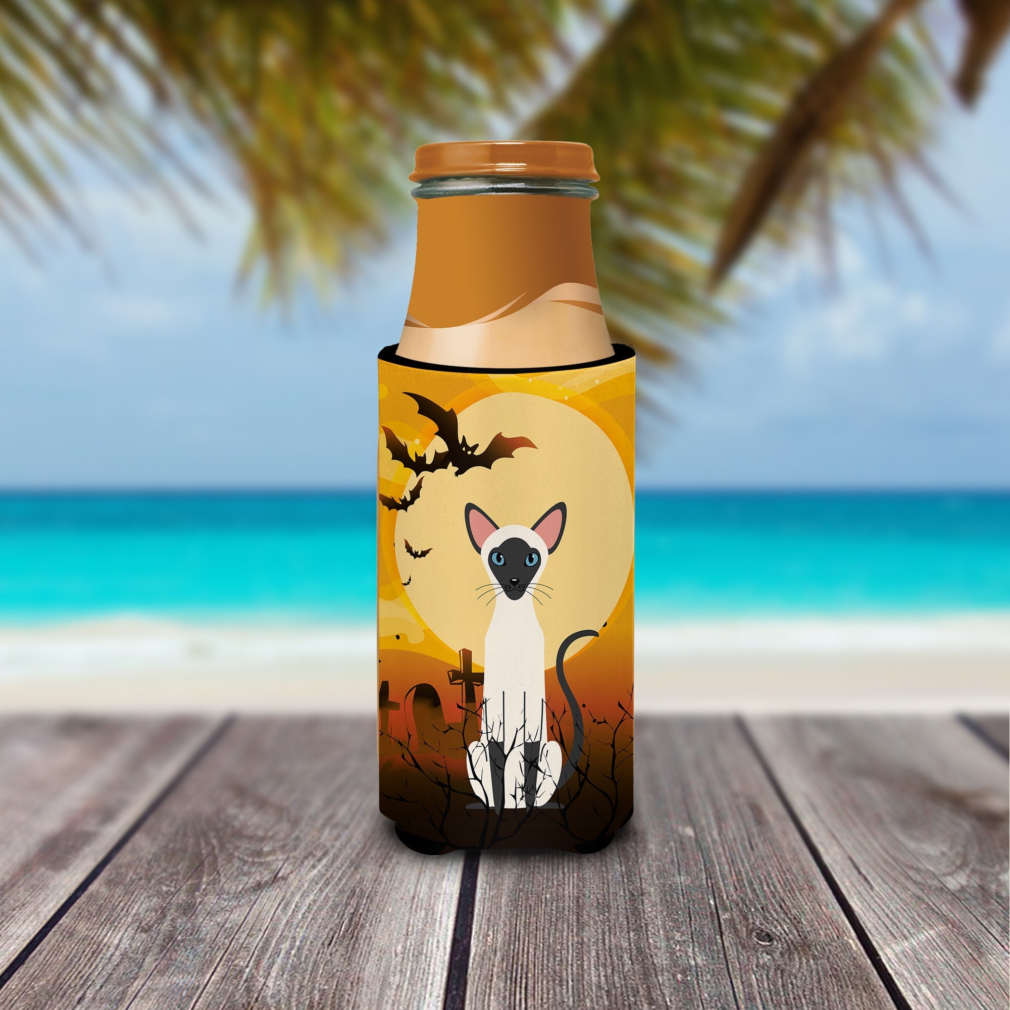 Halloween Siamese Cat Slim Can Hugger , Insulated Foam Hugger for 12 oz Slim Cans, Beer Bottles & Water Bottles, Printed in USA
