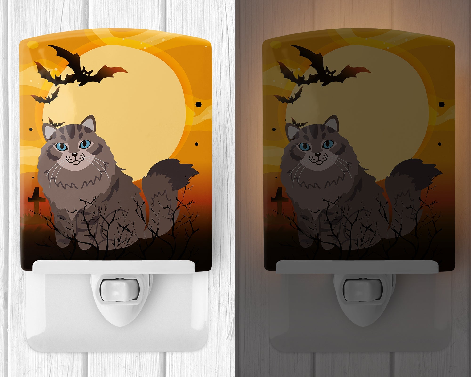 Halloween Siberian Cat Ceramic Night Light Compact, UL-Certified, Ideal for Bedroom, Bathroom, Nursery, Hallway, Kitchen, 6x4x3, Multicolor