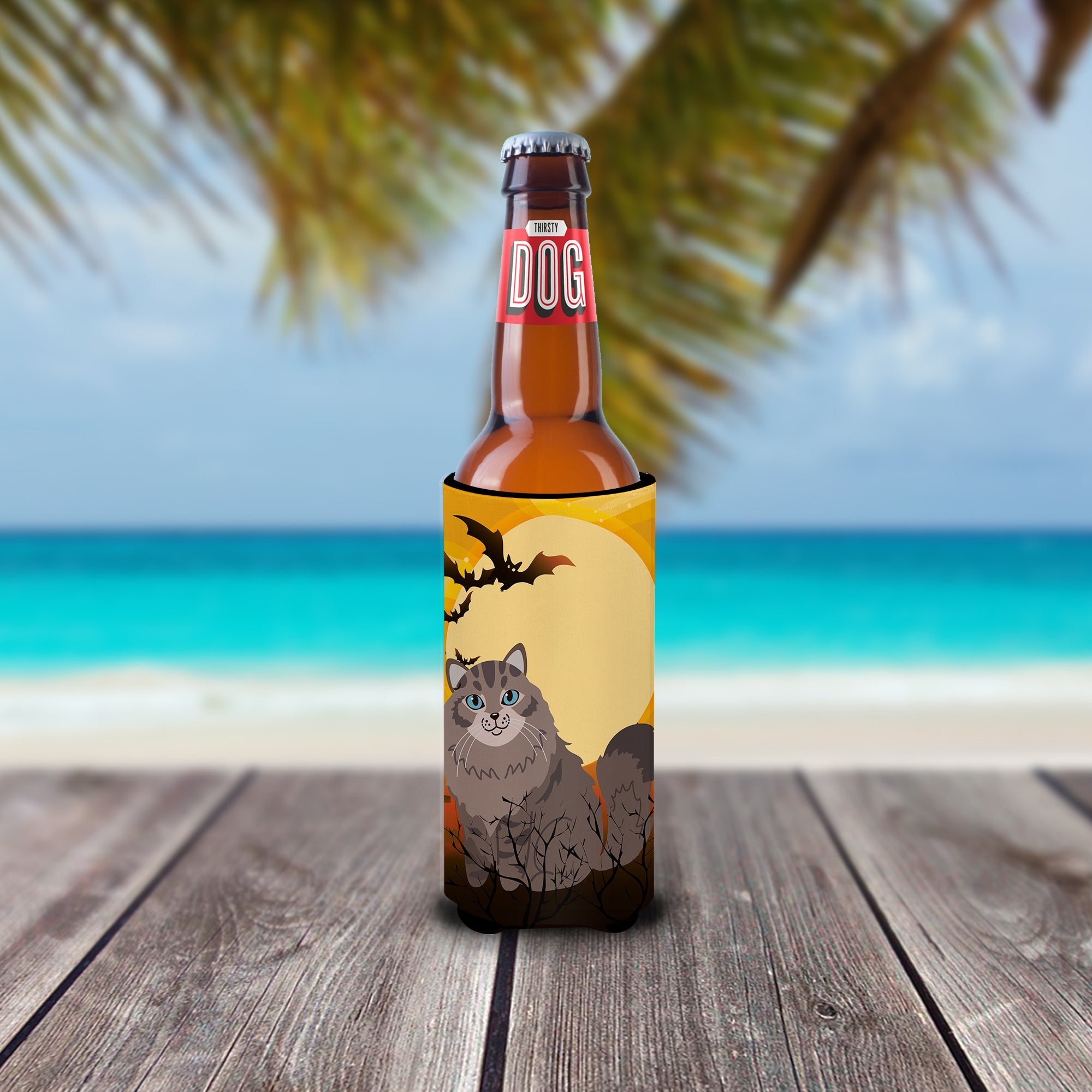 Halloween Siberian Cat Slim Can Hugger , Insulated Foam Hugger for 12 oz Slim Cans, Beer Bottles & Water Bottles, Printed in USA