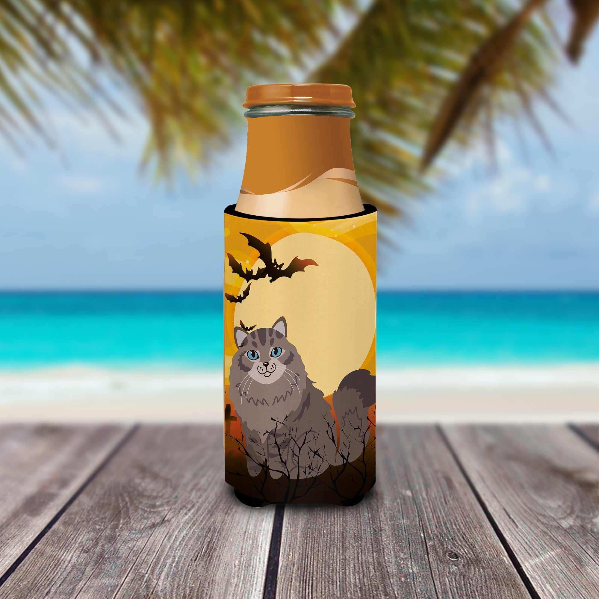 Halloween Siberian Cat Slim Can Hugger , Insulated Foam Hugger for 12 oz Slim Cans, Beer Bottles & Water Bottles, Printed in USA