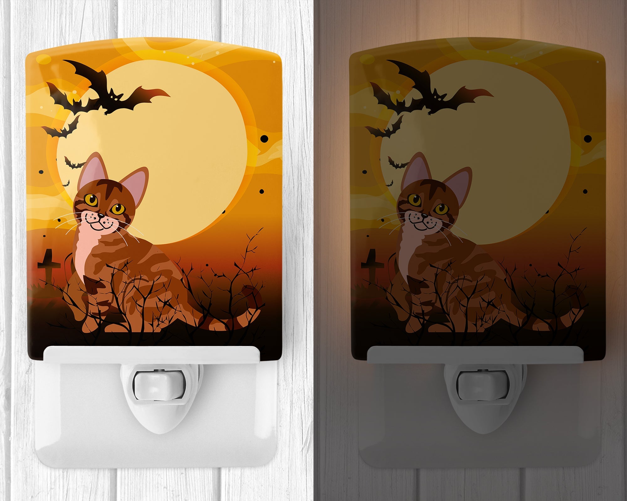 Halloween Sokoke Cat Ceramic Night Light Compact, UL-Certified, Ideal for Bedroom, Bathroom, Nursery, Hallway, Kitchen, 6x4x3, Multicolor