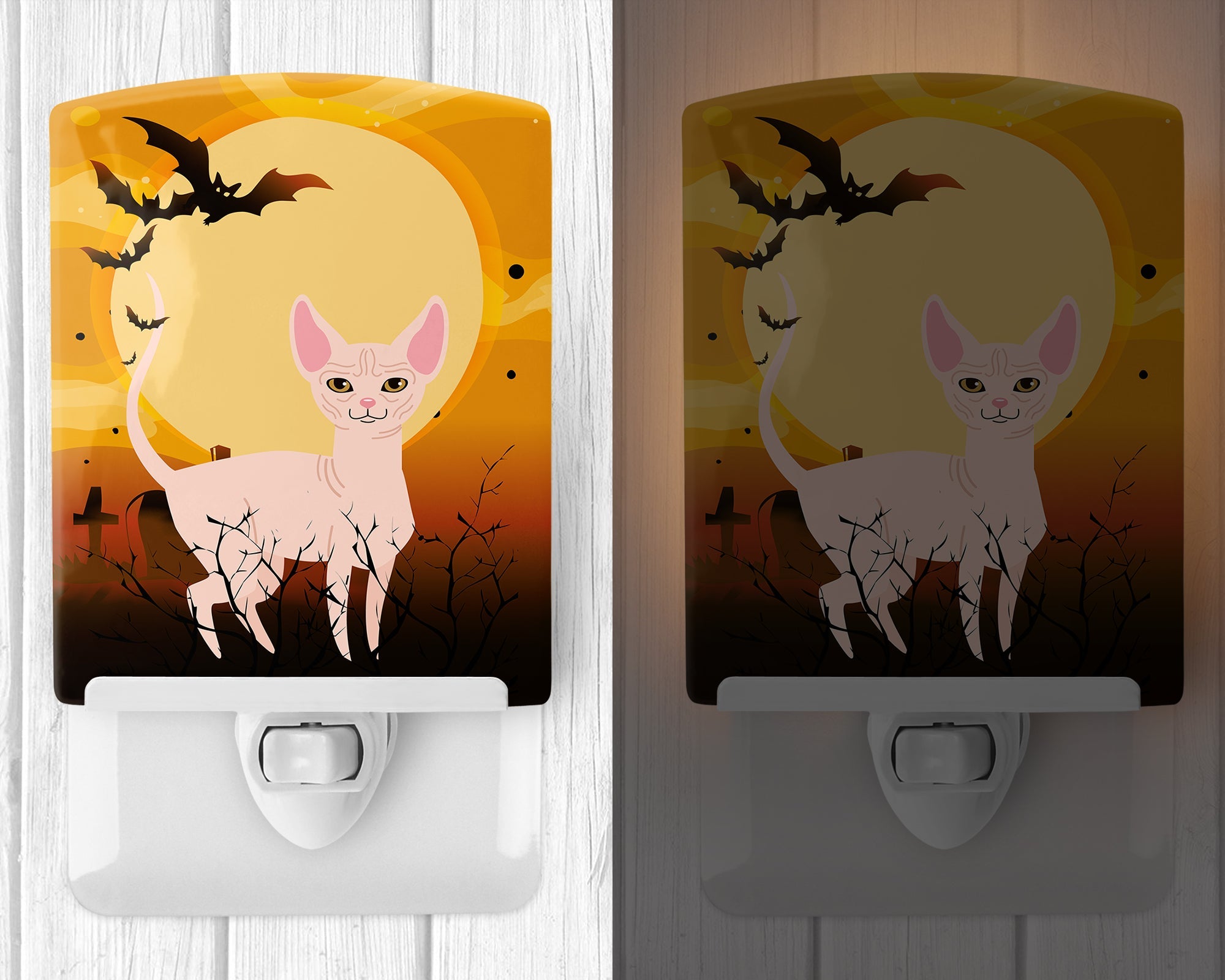Halloween Sphynx Cat Ceramic Night Light Compact, UL-Certified, Ideal for Bedroom, Bathroom, Nursery, Hallway, Kitchen, 6x4x3, Multicolor