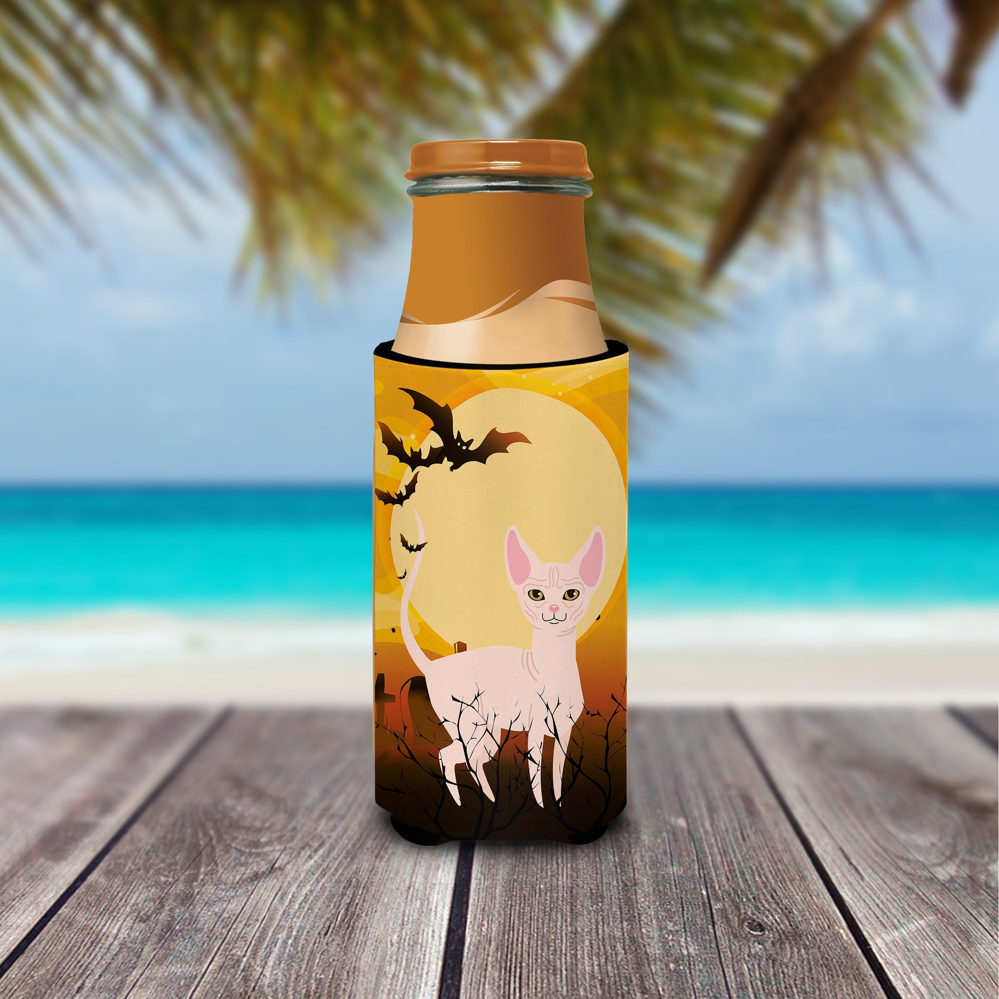 Halloween Sphynx Cat Slim Can Hugger , Insulated Foam Hugger for 12 oz Slim Cans, Beer Bottles & Water Bottles, Printed in USA