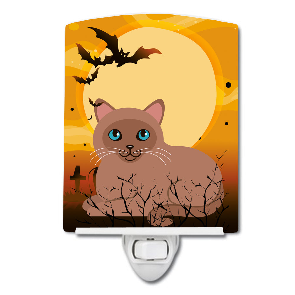 Halloween Tonkinese Cat Ceramic Night Light Compact, UL-Certified, Ideal for Bedroom, Bathroom, Nursery, Hallway, Kitchen, 6x4x3, Multicolor