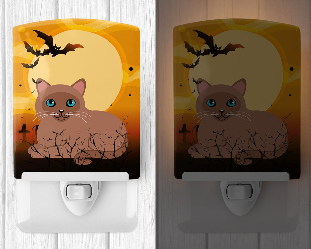 Halloween Tonkinese Cat Ceramic Night Light Compact, UL-Certified, Ideal for Bedroom, Bathroom, Nursery, Hallway, Kitchen, 6x4x3, Multicolor