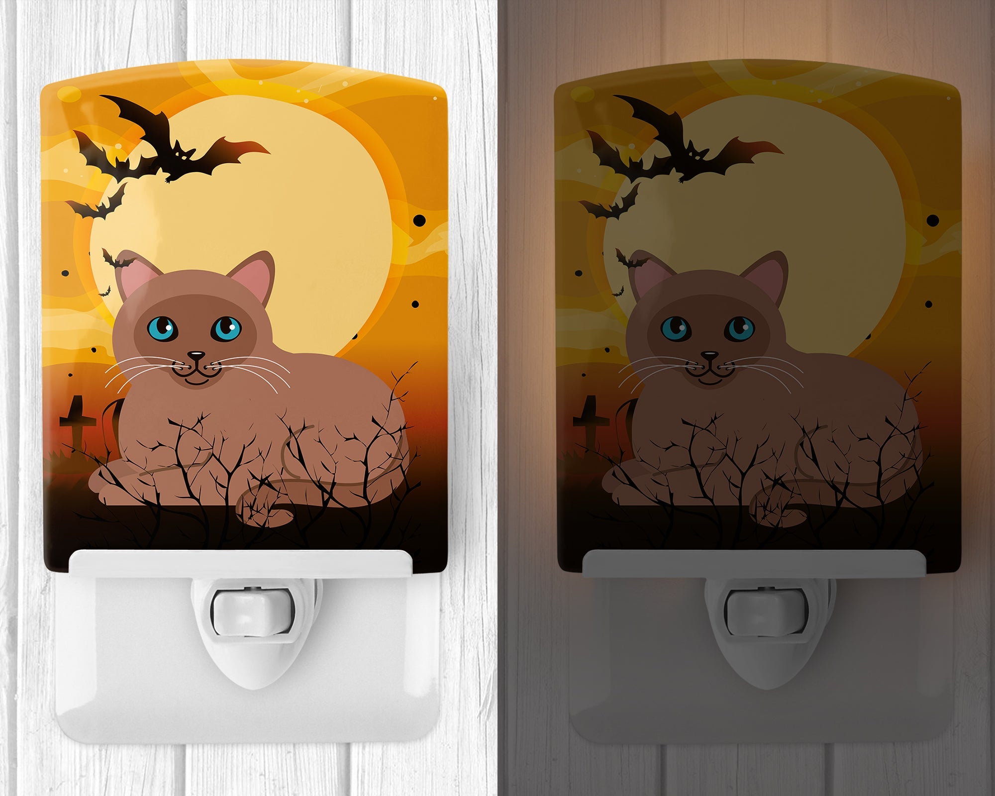 Halloween Tonkinese Cat Ceramic Night Light Compact, UL-Certified, Ideal for Bedroom, Bathroom, Nursery, Hallway, Kitchen, 6x4x3, Multicolor