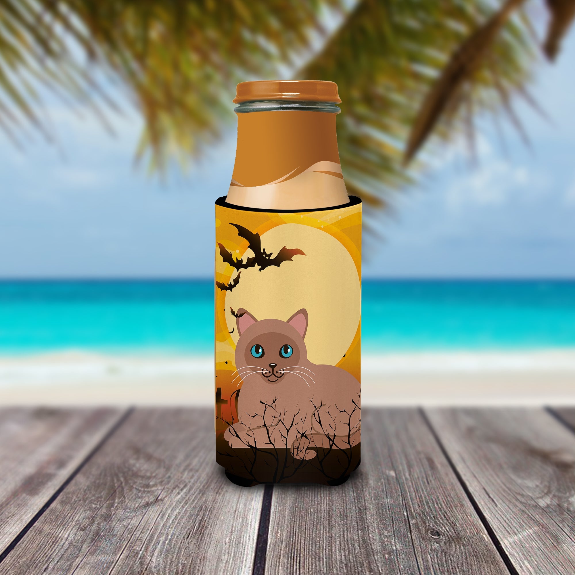 Halloween Tonkinese Cat Slim Can Hugger , Insulated Foam Hugger for 12 oz Slim Cans, Beer Bottles & Water Bottles, Printed in USA