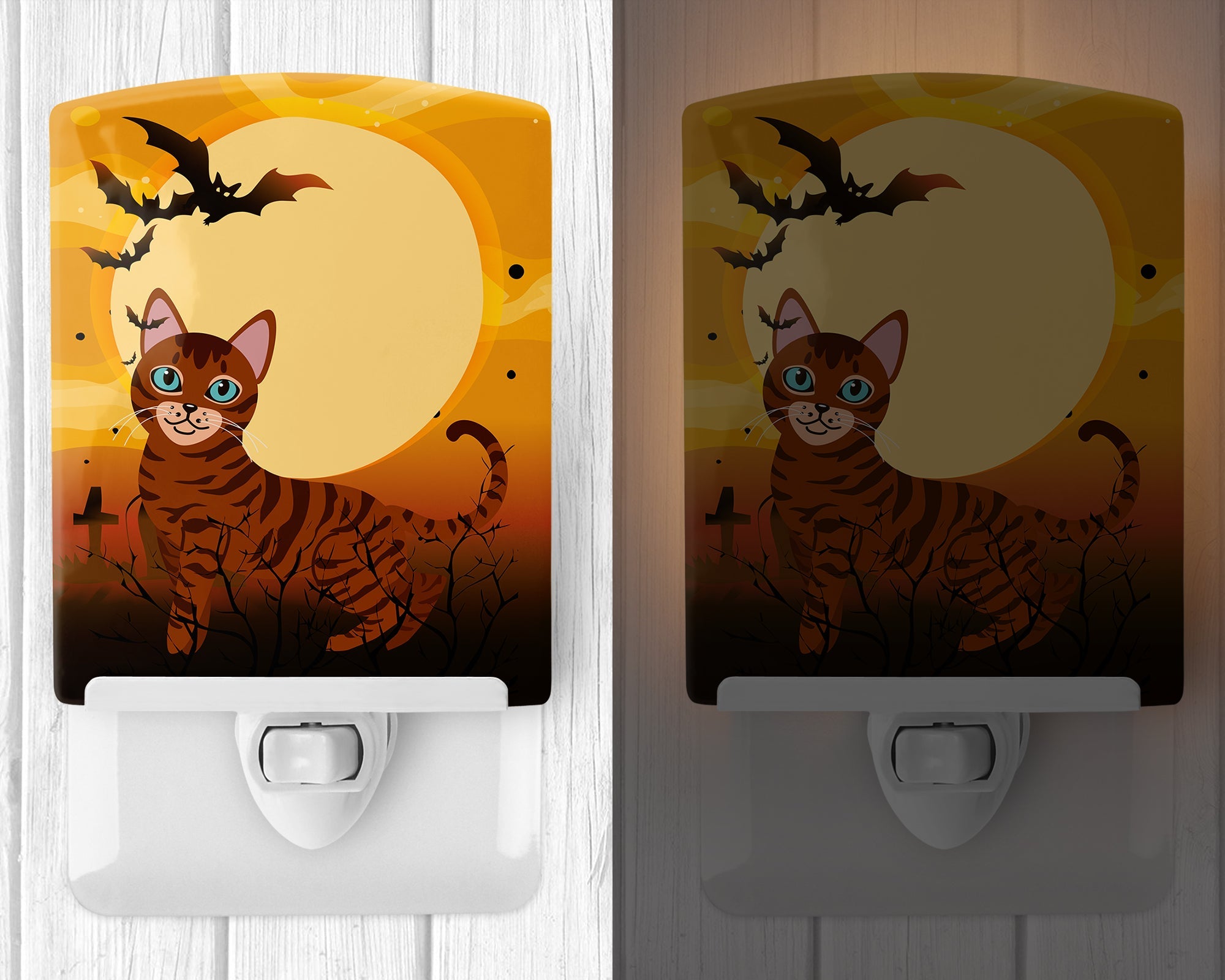 Halloween Toyger Cat Ceramic Night Light Compact, UL-Certified, Ideal for Bedroom, Bathroom, Nursery, Hallway, Kitchen, 6x4x3, Multicolor