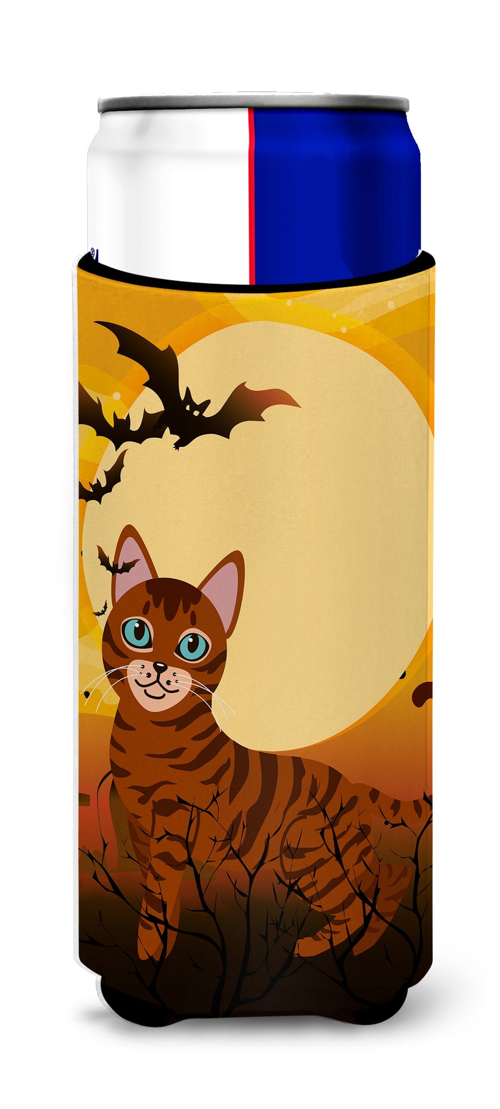 Halloween Toyger Cat Slim Can Hugger , Insulated Foam Hugger for 12 oz Slim Cans, Beer Bottles & Water Bottles, Printed in USA