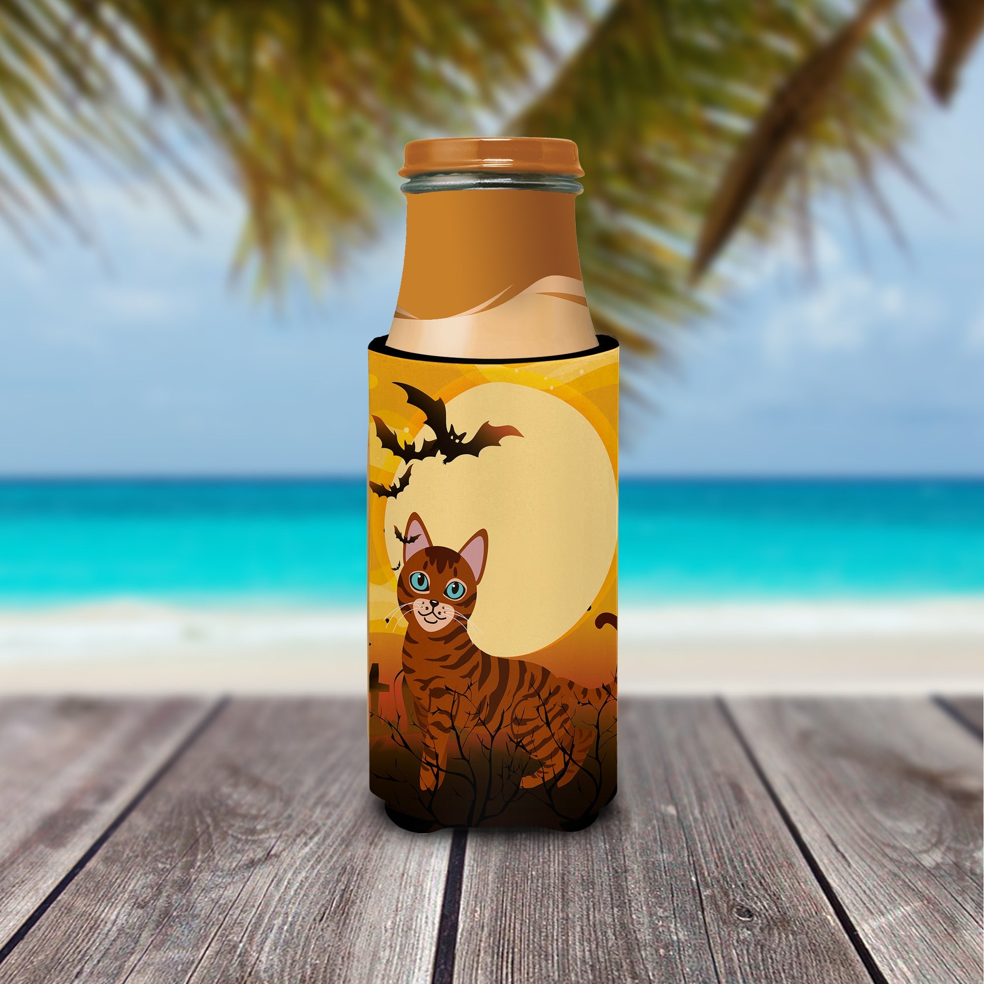Halloween Toyger Cat Slim Can Hugger , Insulated Foam Hugger for 12 oz Slim Cans, Beer Bottles & Water Bottles, Printed in USA