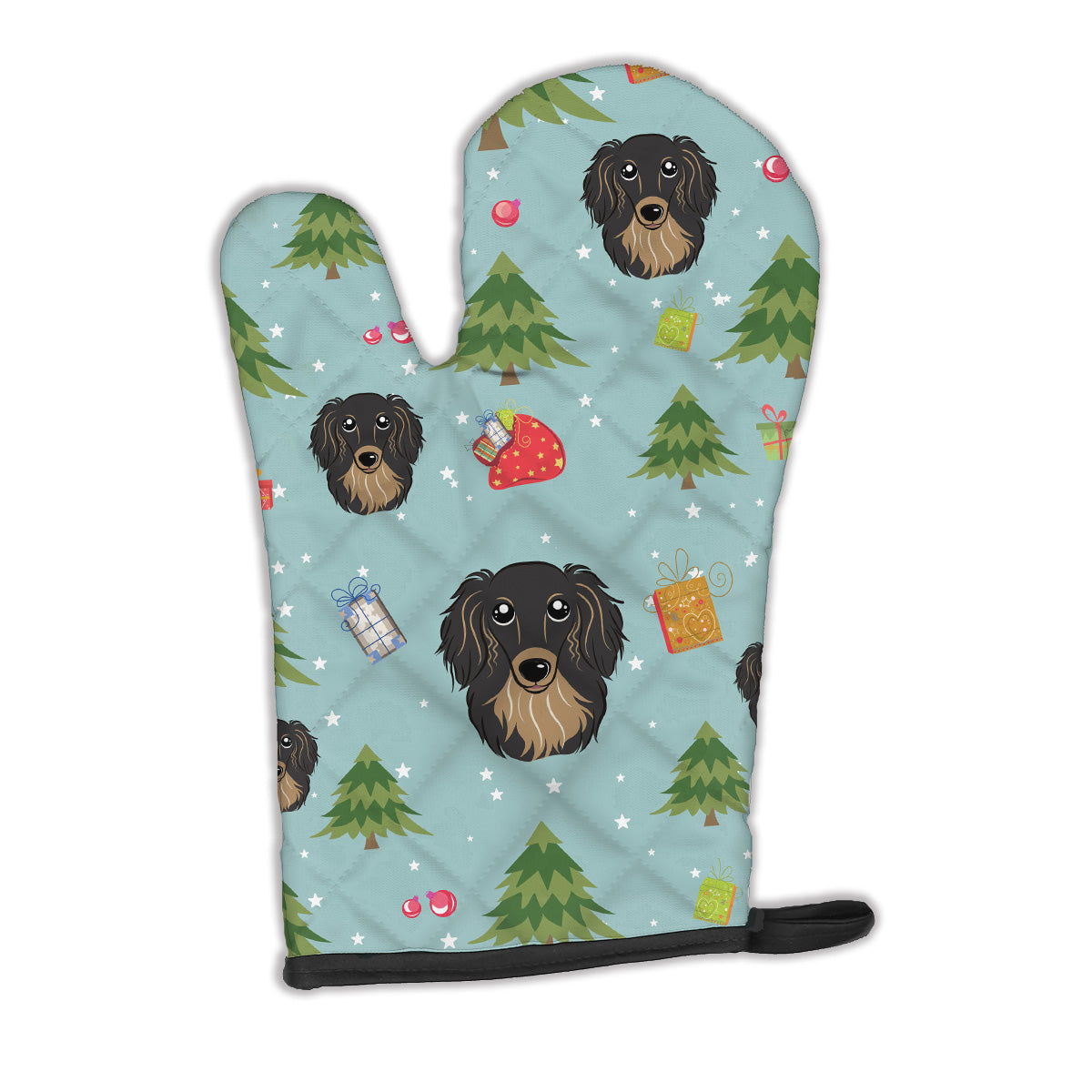Christmas Longhair Black and Tan Dachshund Oven Mitt Heat Resistant Thick Oven Mitt for Hot Pans and Oven, Kitchen Mitt Protect Hands, Cooking Baking Glove