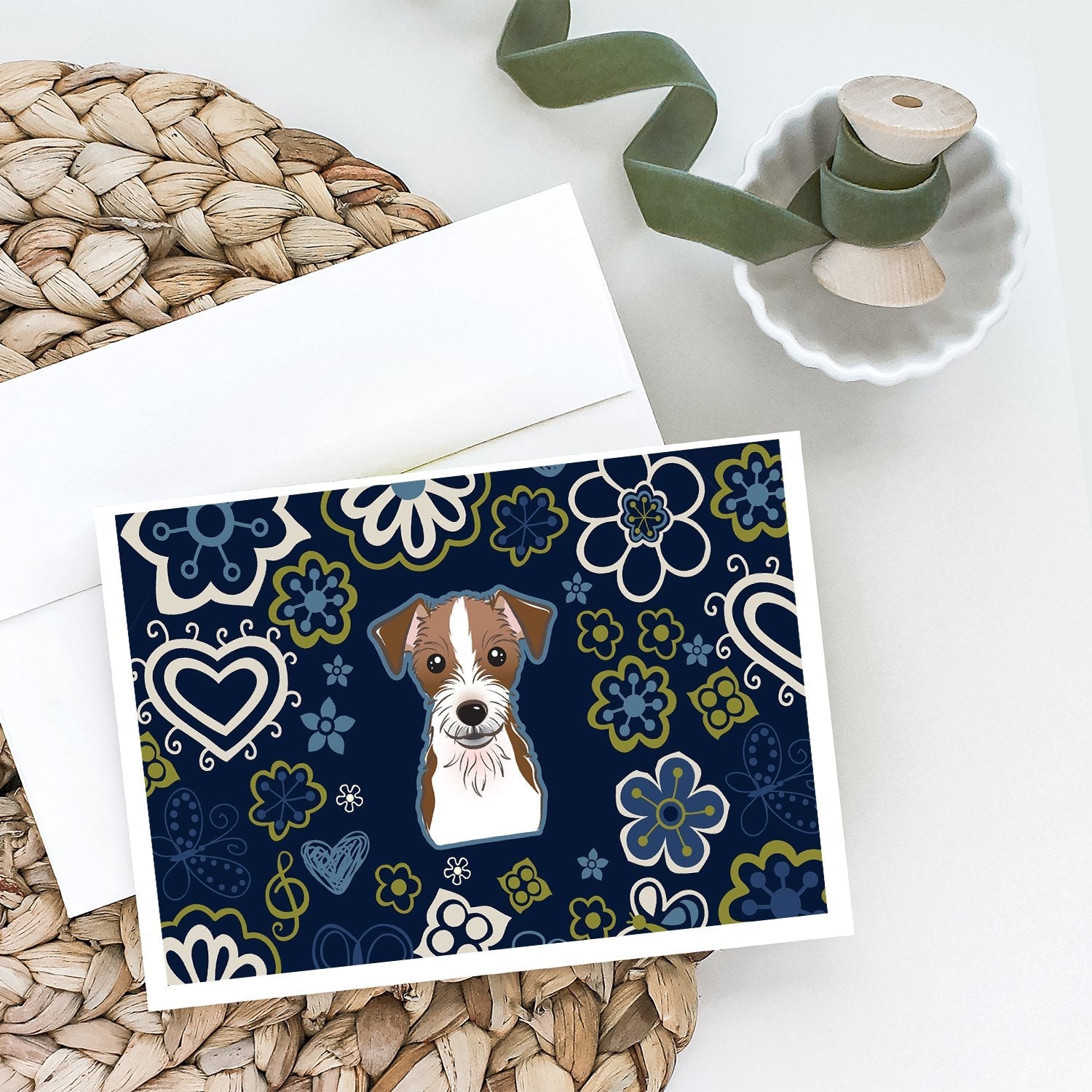 Blue Flowers Jack Russell Terrier Greeting Cards Pack of 8 Blank Cards with Envelopes Whimsical A7 Size 5x7