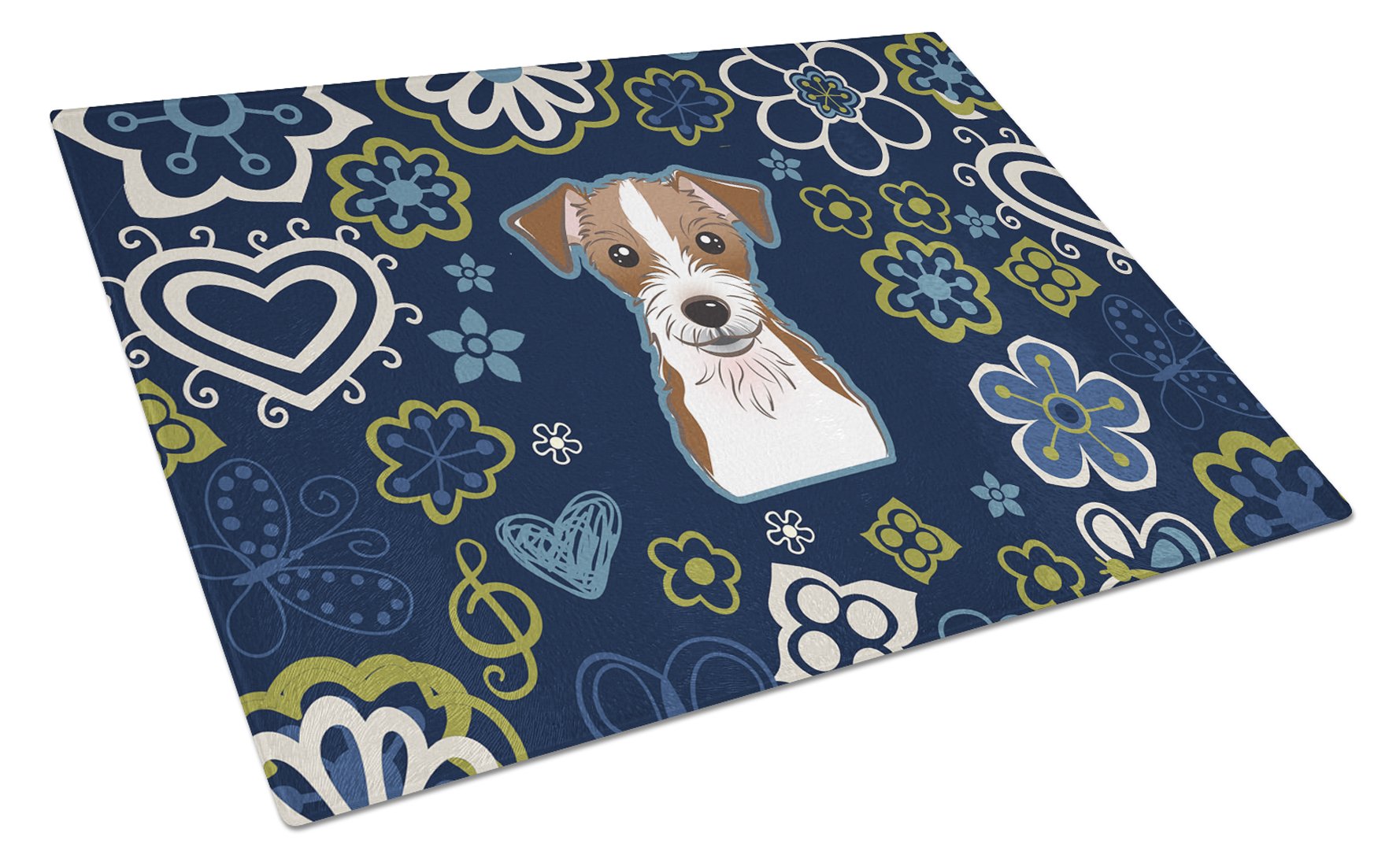 Blue Flowers Jack Russell Terrier Cutting Board Tempered Glass Kitchen Cutting Surface, Heat Resistant Chopping, Non-Slip Feet, Food Prep & Serving