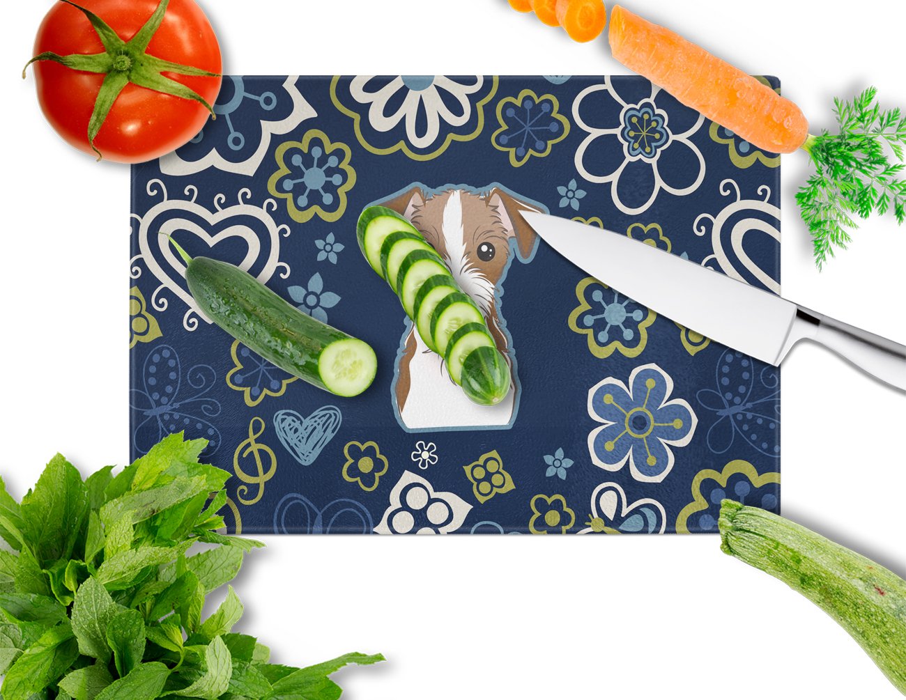 Blue Flowers Jack Russell Terrier Cutting Board Tempered Glass Kitchen Cutting Surface, Heat Resistant Chopping, Non-Slip Feet, Food Prep & Serving