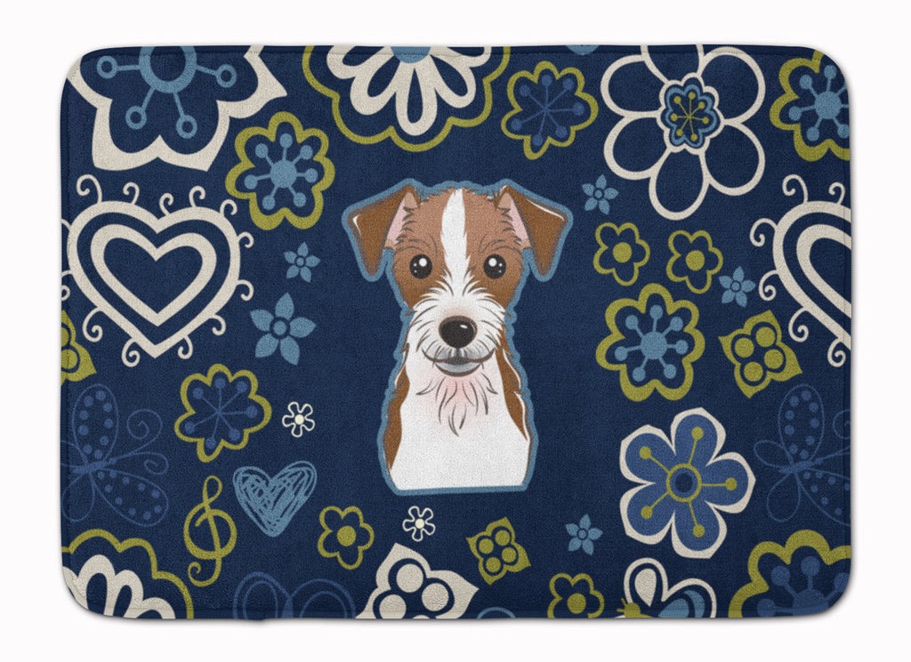 Blue Flowers Jack Russell Terrier Memory Foam Kitchen Mat Machine Washable Anti-Fatigue Cushion Comfort Bath or Kitchen Rug