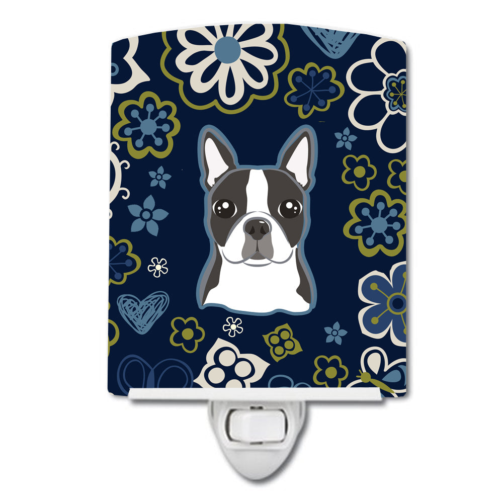 Blue Flowers Boston Terrier Ceramic Night Light Compact, UL-Certified, Ideal for Bedroom, Bathroom, Nursery, Hallway, Kitchen, 6x4x3, Multicolor