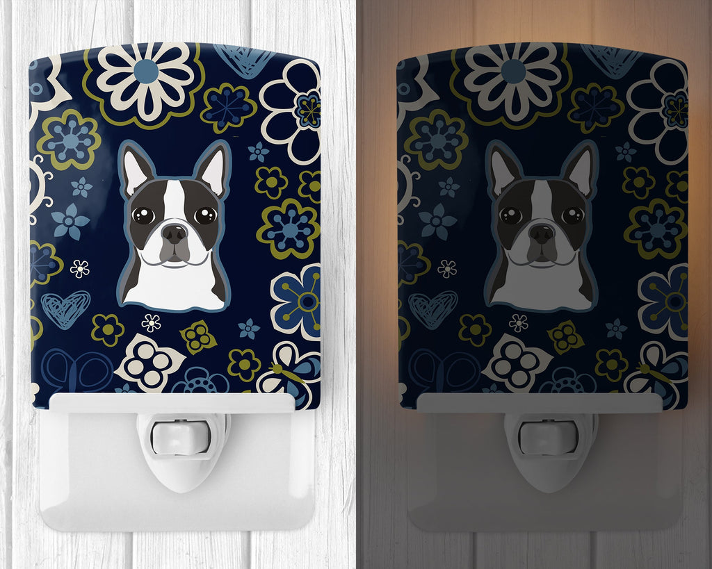 Blue Flowers Boston Terrier Ceramic Night Light Compact, UL-Certified, Ideal for Bedroom, Bathroom, Nursery, Hallway, Kitchen, 6x4x3, Multicolor