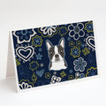 Blue Flowers Boston Terrier Greeting Cards Pack of 8 Blank Cards with Envelopes Whimsical A7 Size 5x7