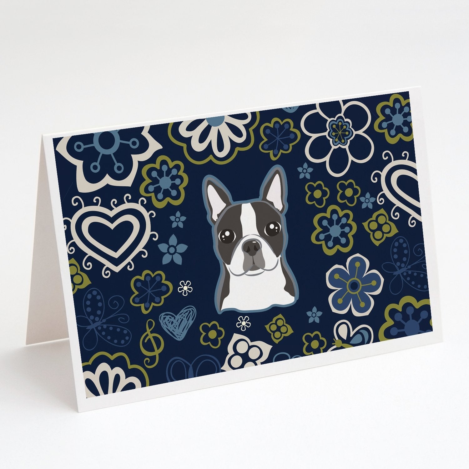 Blue Flowers Boston Terrier Greeting Cards Pack of 8 Blank Cards with Envelopes Whimsical A7 Size 5x7