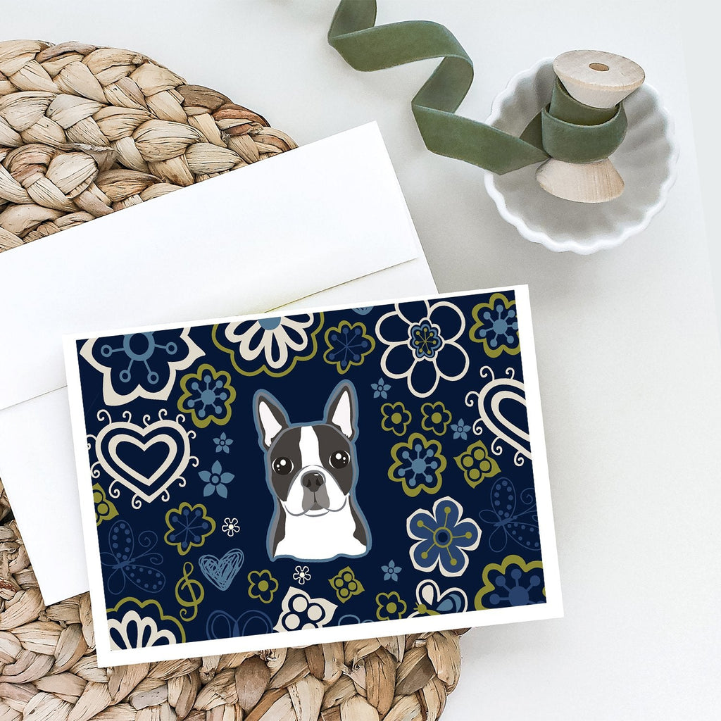Blue Flowers Boston Terrier Greeting Cards Pack of 8 Blank Cards with Envelopes Whimsical A7 Size 5x7