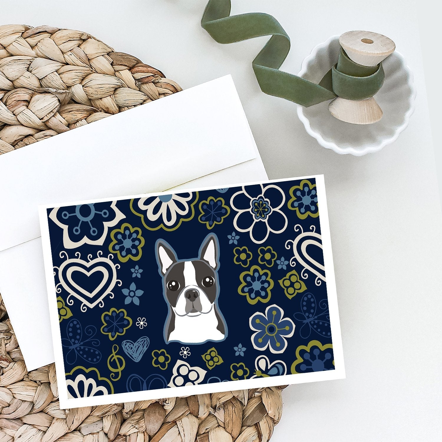 Blue Flowers Boston Terrier Greeting Cards Pack of 8 Blank Cards with Envelopes Whimsical A7 Size 5x7