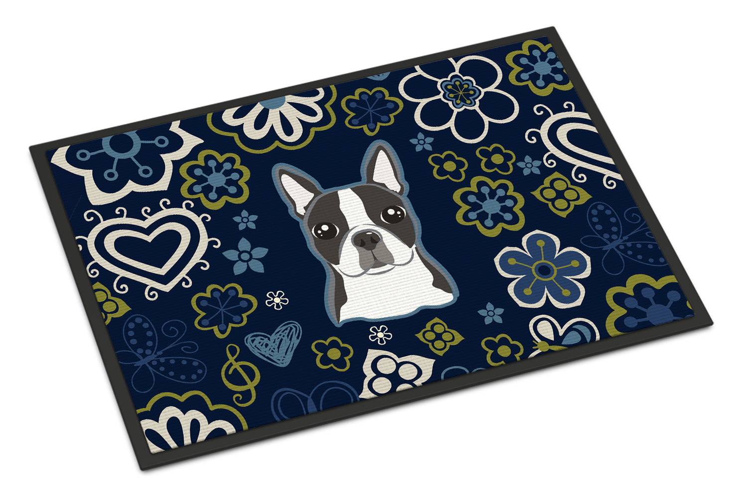 Blue Flowers Boston Terrier Doormat Indoor Outdoor 24H X 36W Front Door Mat Rugs for Entryway, Non Slip Washable Low Pile,