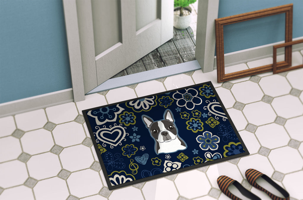 Blue Flowers Boston Terrier Doormat Indoor Outdoor 24H X 36W Front Door Mat Rugs for Entryway, Non Slip Washable Low Pile,