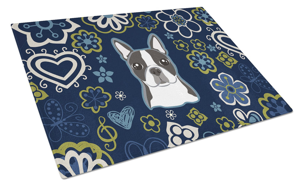 Blue Flowers Boston Terrier Cutting Board Tempered Glass Kitchen Cutting Surface, Heat Resistant Chopping, Non-Slip Feet, Food Prep & Serving