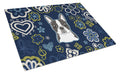 Blue Flowers Boston Terrier Cutting Board Tempered Glass Kitchen Cutting Surface, Heat Resistant Chopping, Non-Slip Feet, Food Prep & Serving