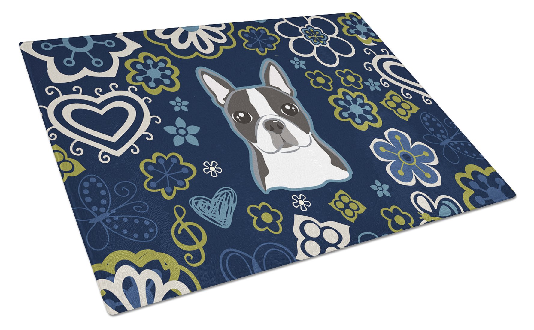 Blue Flowers Boston Terrier Cutting Board Tempered Glass Kitchen Cutting Surface, Heat Resistant Chopping, Non-Slip Feet, Food Prep & Serving