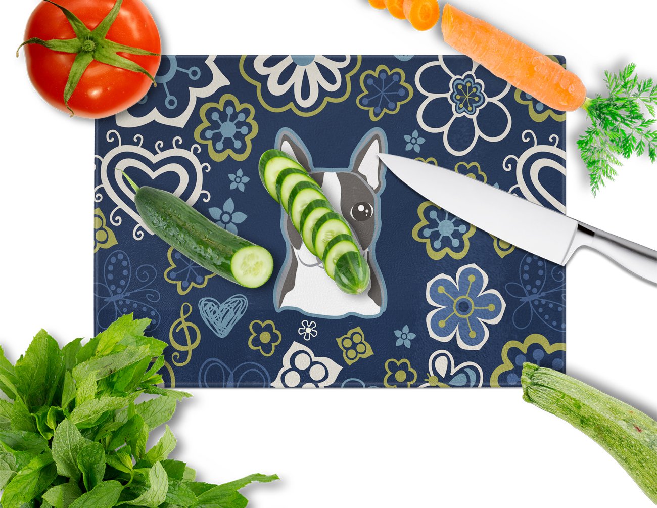 Blue Flowers Boston Terrier Cutting Board Tempered Glass Kitchen Cutting Surface, Heat Resistant Chopping, Non-Slip Feet, Food Prep & Serving