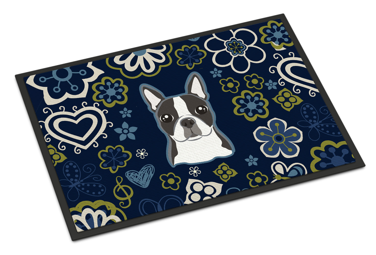 Blue Flowers Boston Terrier Doormat Indoor Outdoor 18H X 27W Front Door Mat Rugs for Entryway, Non Slip Washable