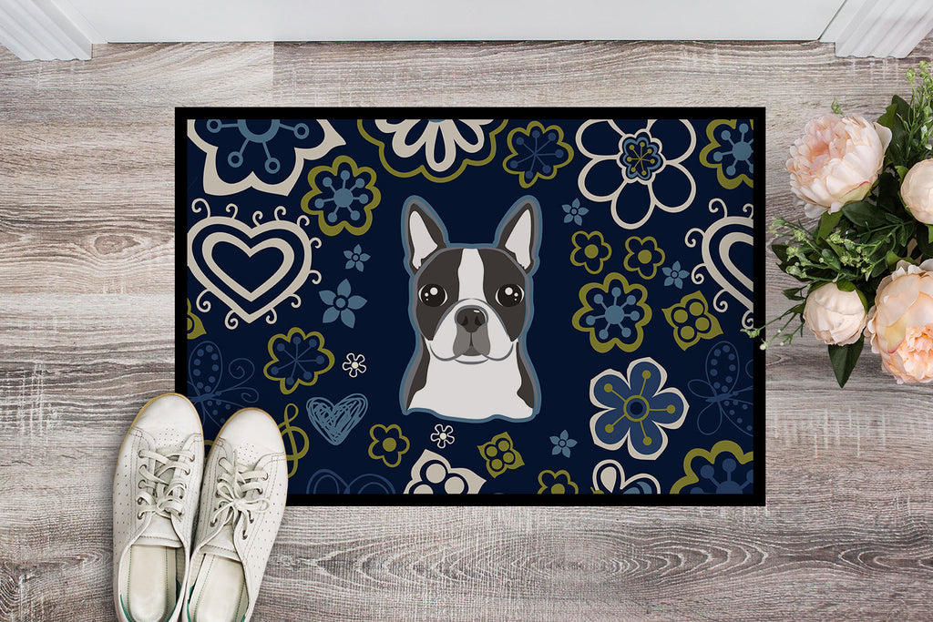 Blue Flowers Boston Terrier Doormat Indoor Outdoor 18H X 27W Front Door Mat Rugs for Entryway, Non Slip Washable