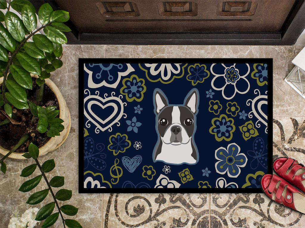 Blue Flowers Boston Terrier Doormat Indoor Outdoor 18H X 27W Front Door Mat Rugs for Entryway, Non Slip Washable