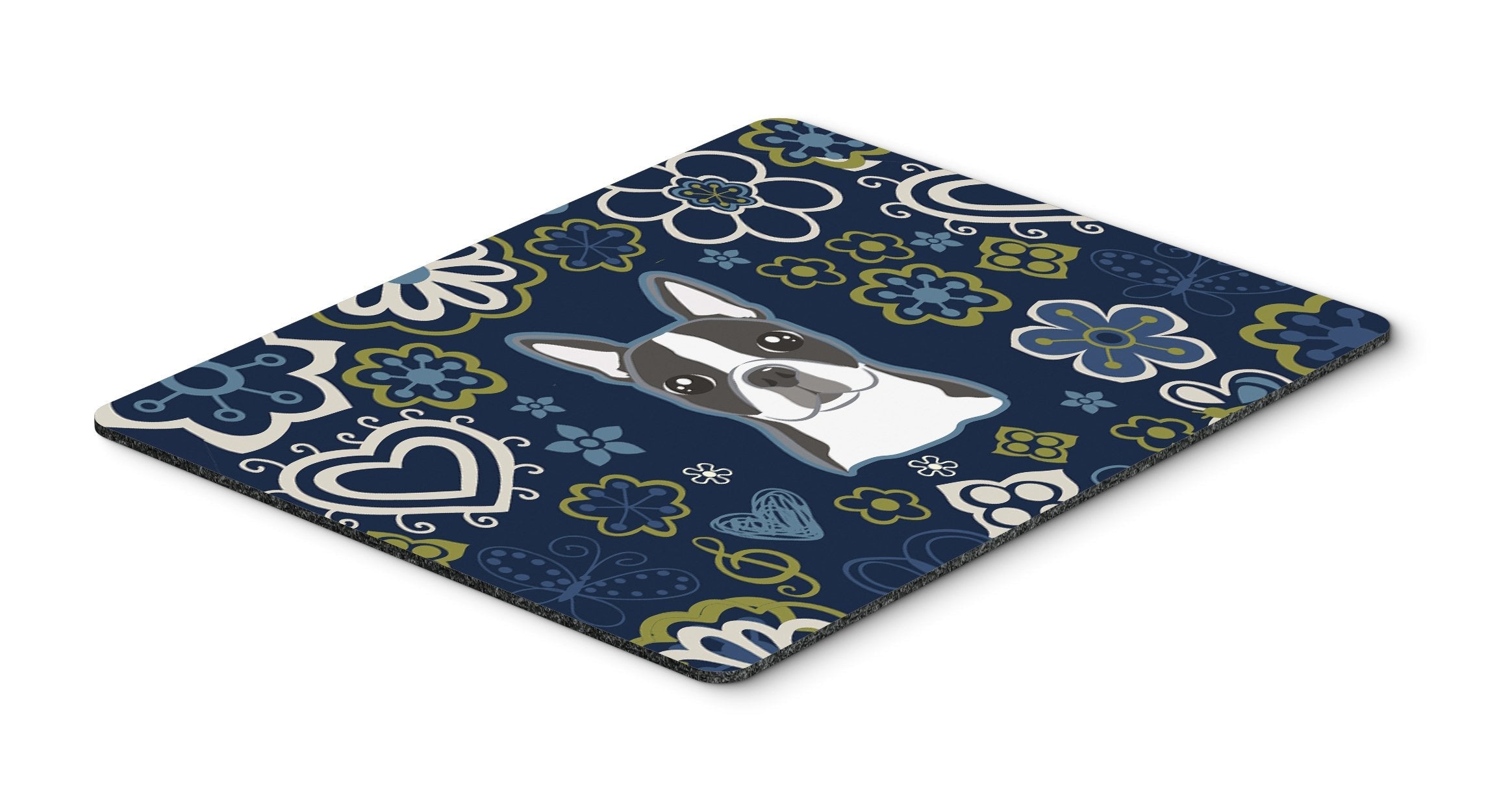 Blue Flowers Boston Terrier Mouse Pad, Heat Resistant Trivet Hot Pad , Non Slip Rubber Desk Mat, Kitchen Counter Protector, Home Office Decor Gift