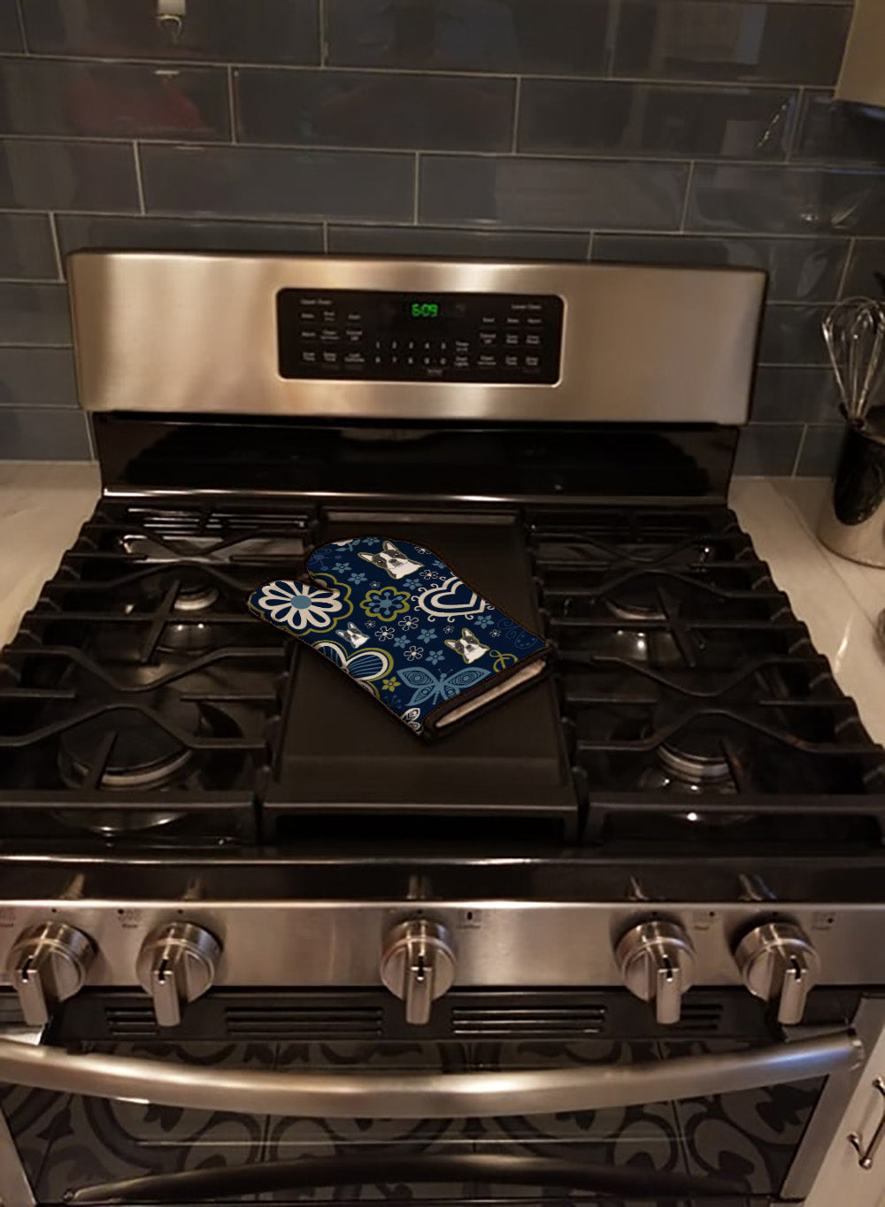 Blue Flowers Boston Terrier Oven Mitt Heat Resistant Thick Oven Mitt for Hot Pans and Oven, Kitchen Mitt Protect Hands, Cooking Baking Glove