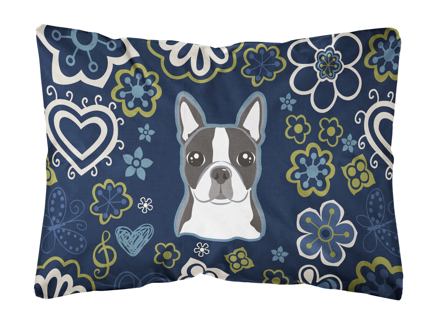 Blue Flowers Boston Terrier Decorative Throw Pillow 12x16 Indoor Outdoor Accent Cushion, Fabric Cover with Insert for Sofa, Bed, Porch & Living Room