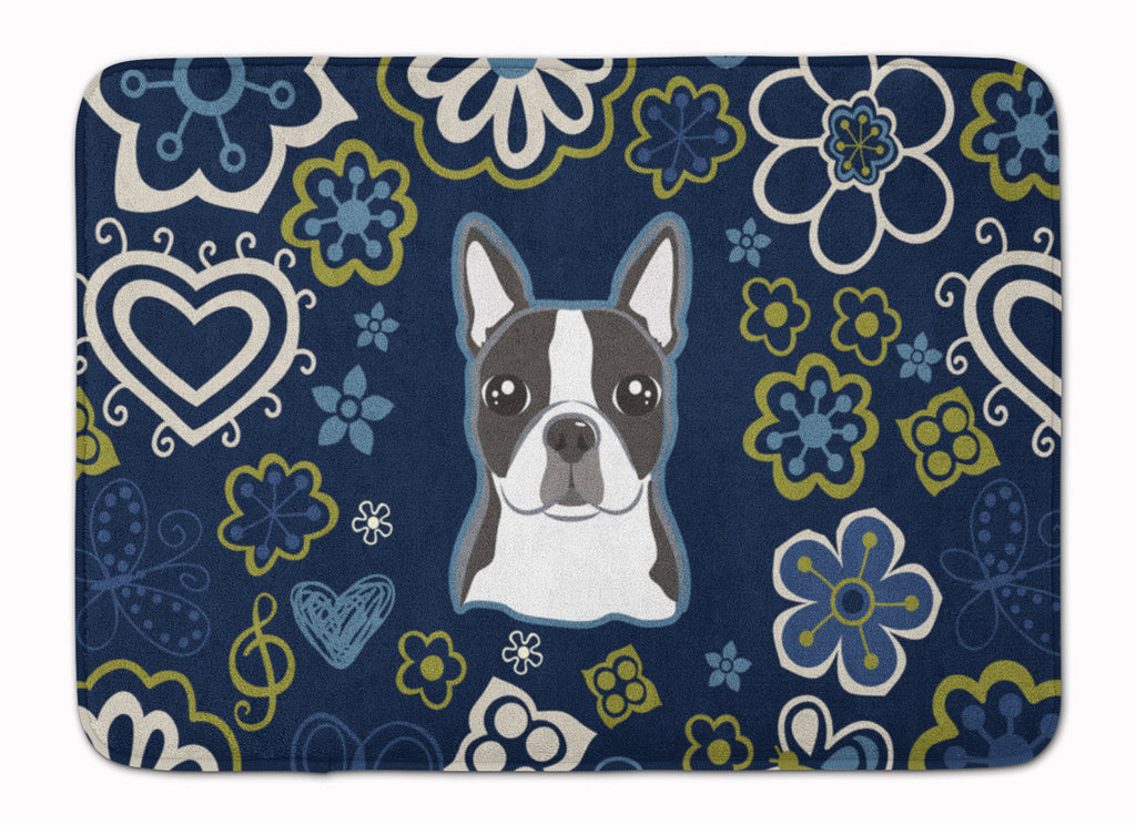 Blue Flowers Boston Terrier Memory Foam Kitchen Mat Machine Washable Anti-Fatigue Cushion Comfort Bath or Kitchen Rug