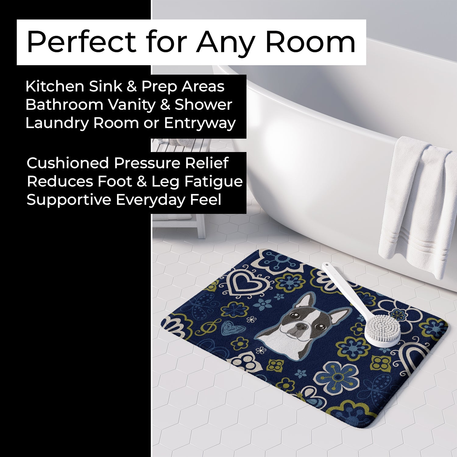 Blue Flowers Boston Terrier Memory Foam Kitchen Mat Machine Washable Anti-Fatigue Cushion Comfort Bath or Kitchen Rug