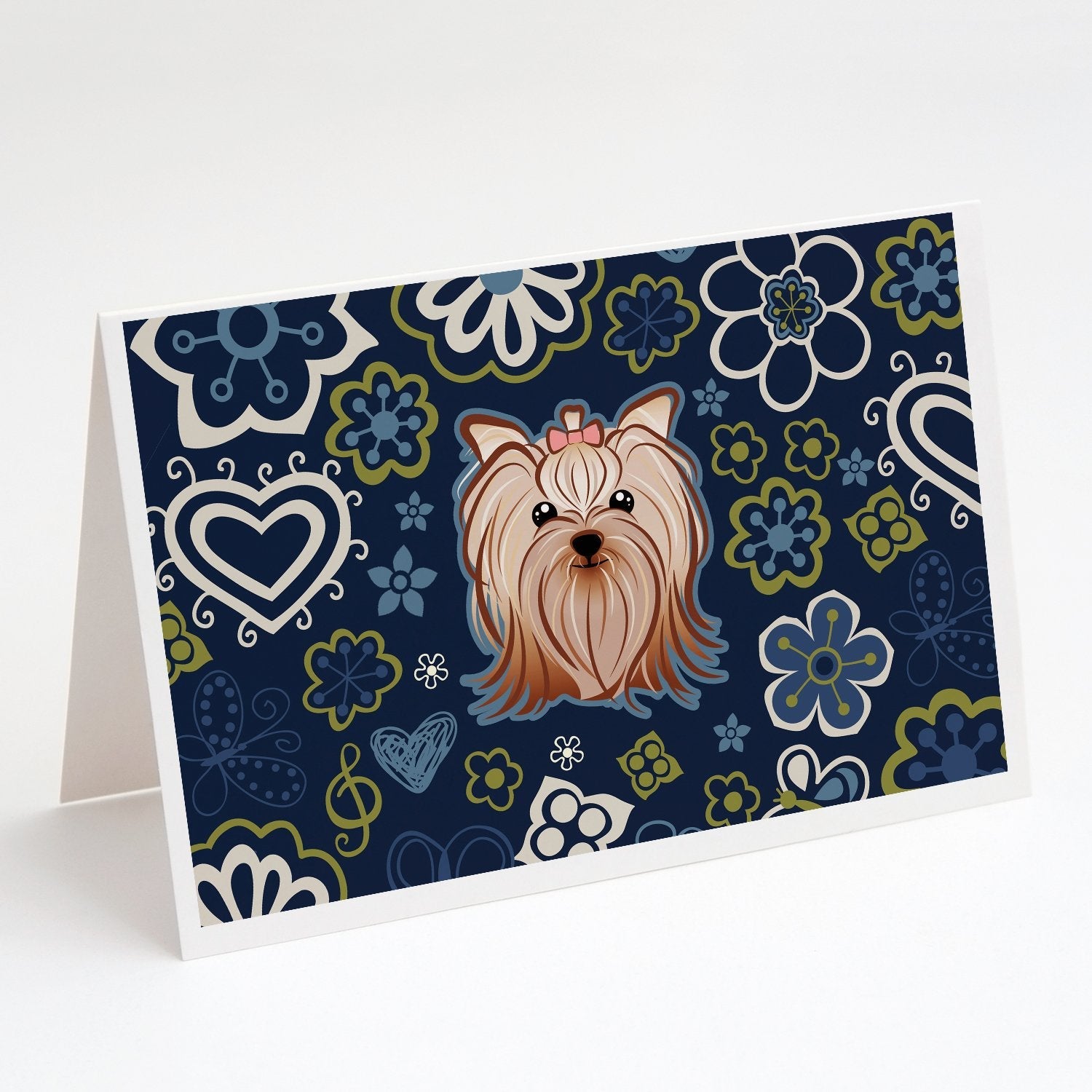Blue Flowers Yorkie Yorkishire Terrier Greeting Cards Pack of 8 Blank Cards with Envelopes Whimsical A7 Size 5x7
