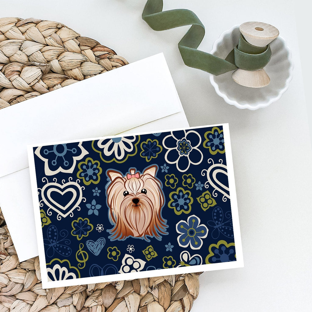 Blue Flowers Yorkie Yorkishire Terrier Greeting Cards Pack of 8 Blank Cards with Envelopes Whimsical A7 Size 5x7